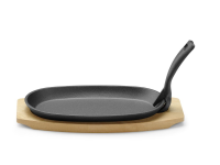 Gietijzeren schaal met houten onderlegger en greep, HENDI, Zwart, 280x143x(H)33mm, Ovaal